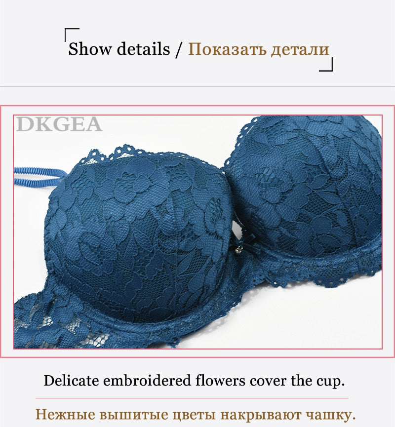 Blue lace embroidery lingerie set with push-up bra and matching panties, featuring deep V design and comfortable fit.