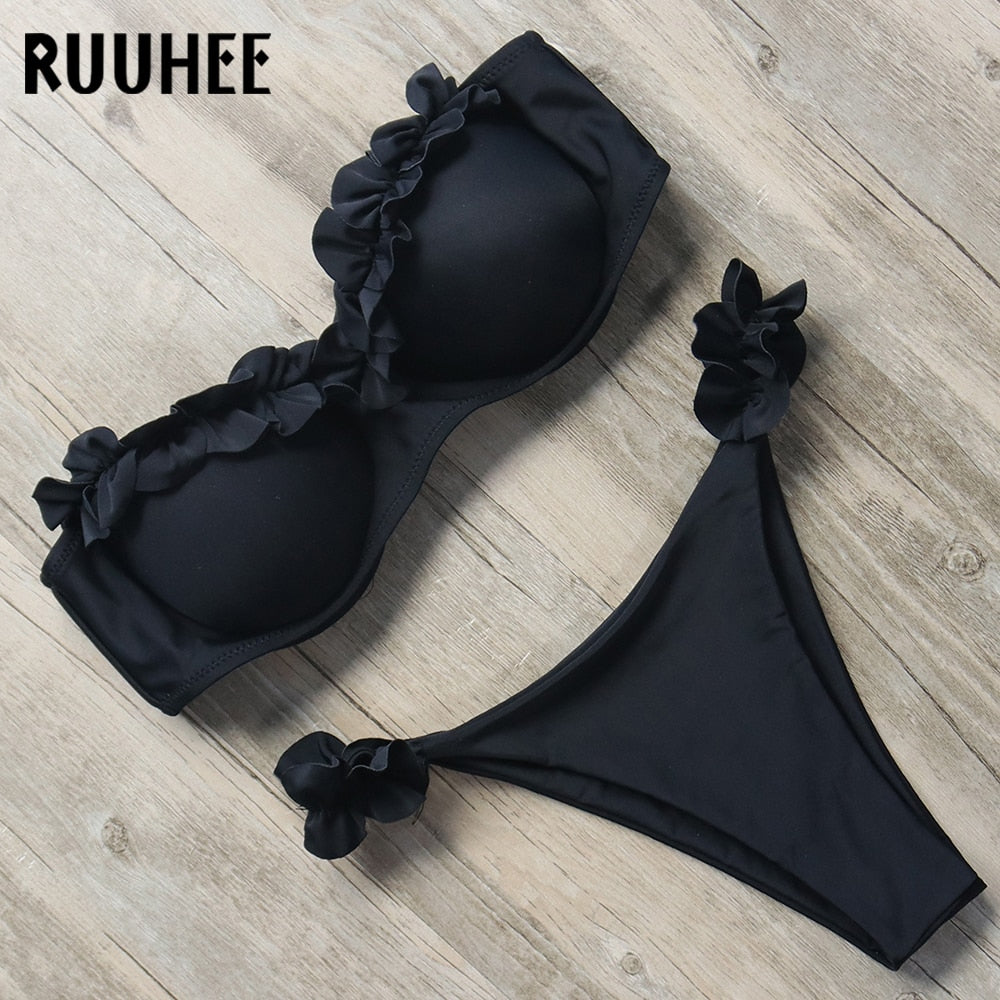 Two-piece leopard print bandeau bikini swimwear for women with ruffle details and push-up design, by The Clothing Company Sydney.