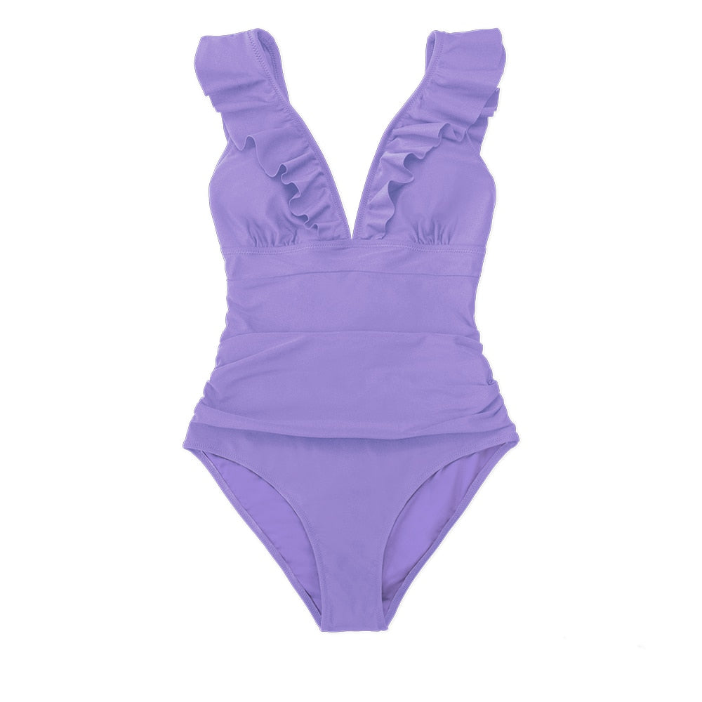 Solid black ruffled one-piece swimsuit by The Clothing Company Sydney with lace-up details and stylish beach-ready design.