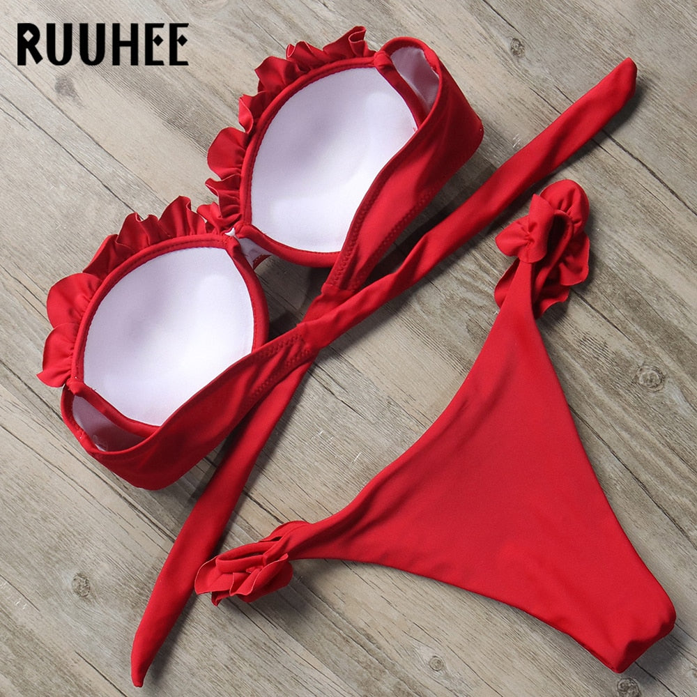 Two-piece leopard print bandeau bikini swimwear for women with ruffle accents and push-up design, by The Clothing Company Sydney.
