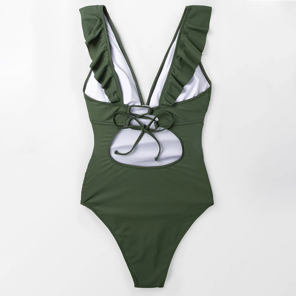 Solid black ruffled one-piece swimsuit with lace-up front from The Clothing Company Sydney, perfect for beach or poolside wear.