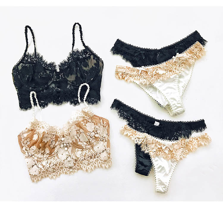 Ultra thin lace lingerie set by The Clothing Company Sydney featuring a bralette and matching panty with eyelash lace details.