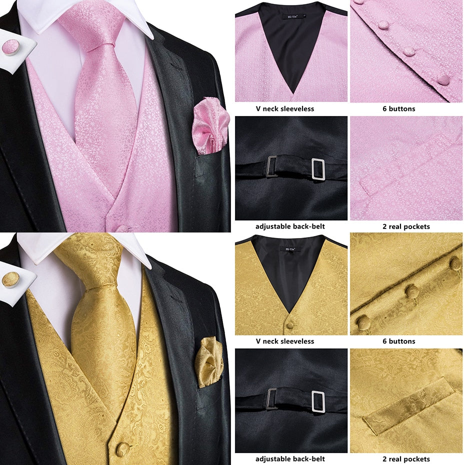 Men's luxury paisley floral silk vest and tie set in blue, gold, red, and silver, perfect for wedding suits by The Clothing Company Sydney.