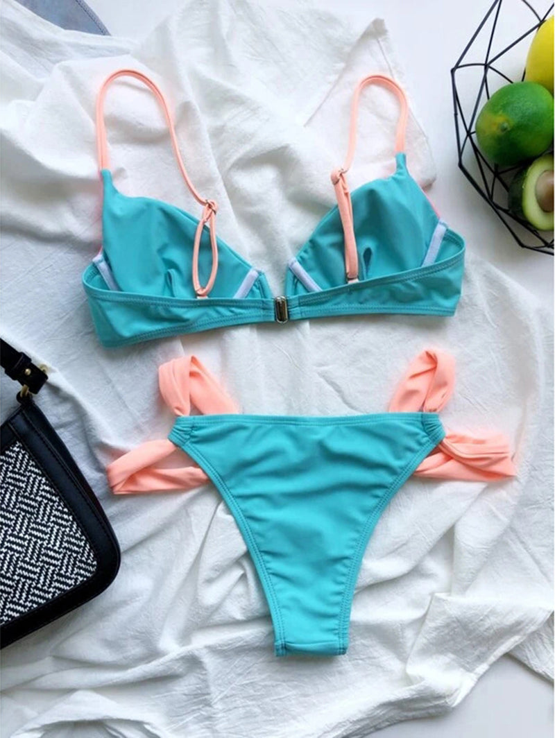 Two-piece patchwork push-up swimsuit bikini set by The Clothing Company Sydney, featuring vibrant design and supportive fit.