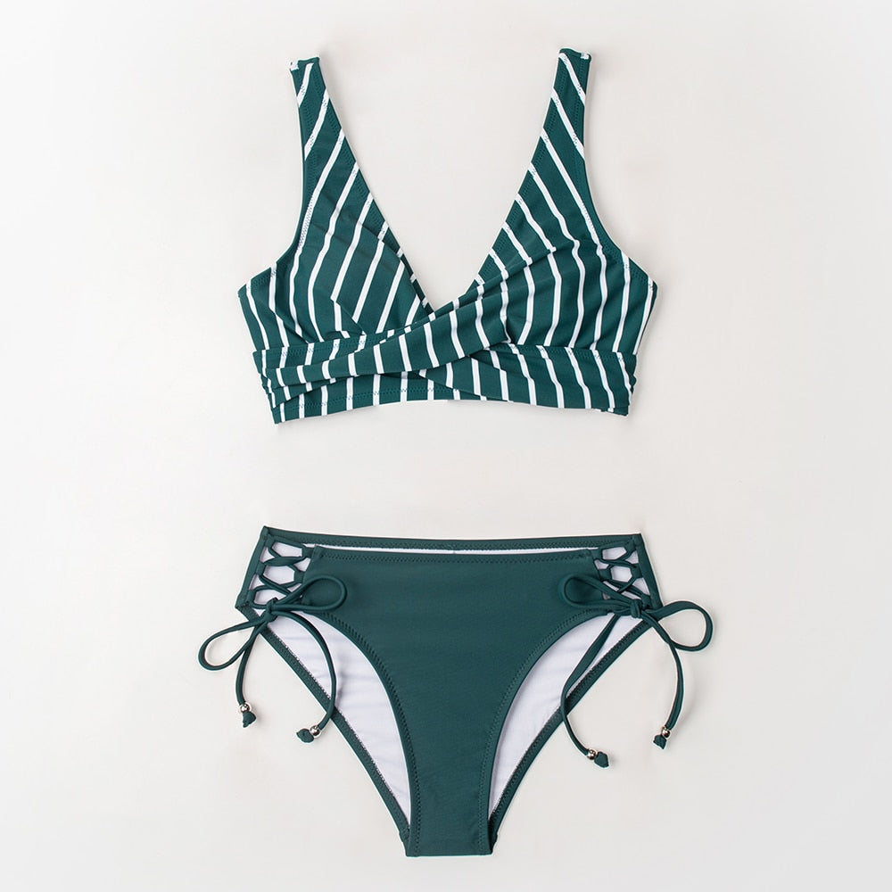 Mid-waist bikini swimsuit with lace-up detail, two-piece swimwear designed for beach and swimming by The Clothing Company Sydney.