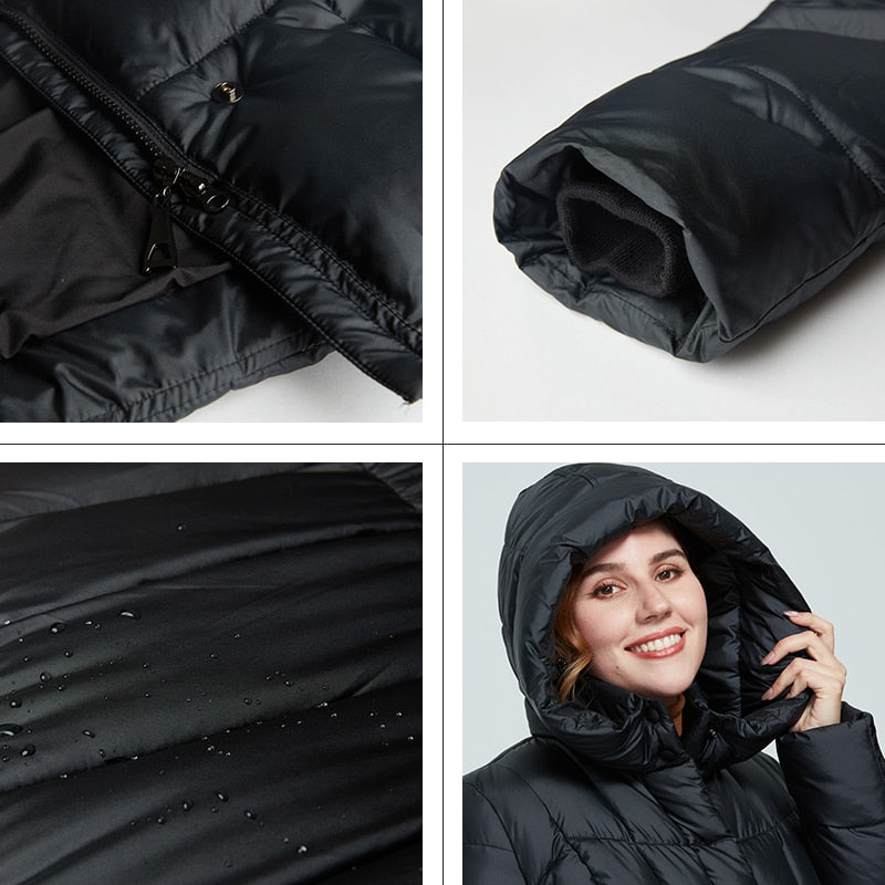 Long women's winter parka by The Clothing Company Sydney, plaid, warm, hooded thick jacket in large sizes.