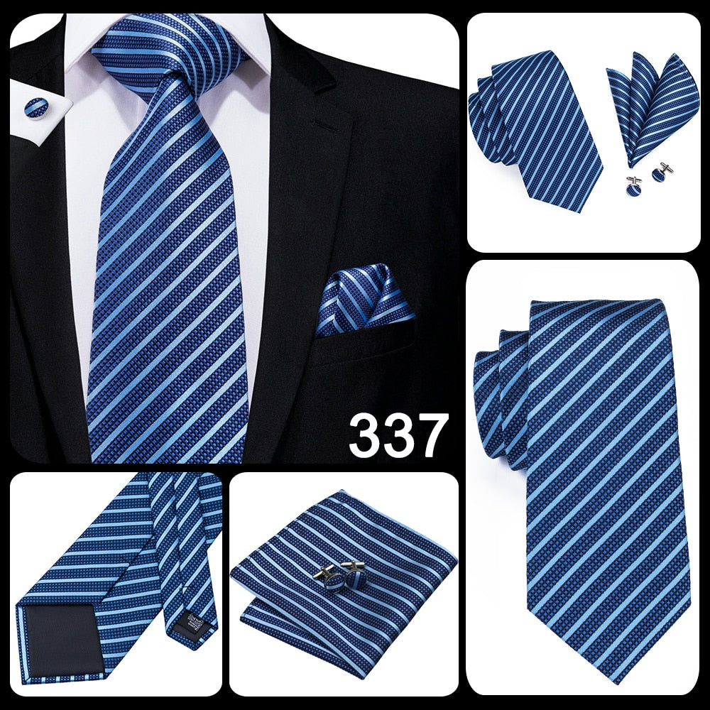 Set of blue and black striped silk necktie, pocket square, and cufflinks from The Clothing Company Sydney for business and wedding attire.