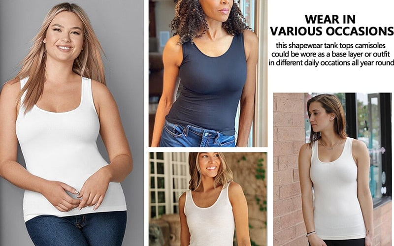 Shapewear tank top with built-in bra from The Clothing Company Sydney, sleeveless camisole with wide straps and removable bra.
