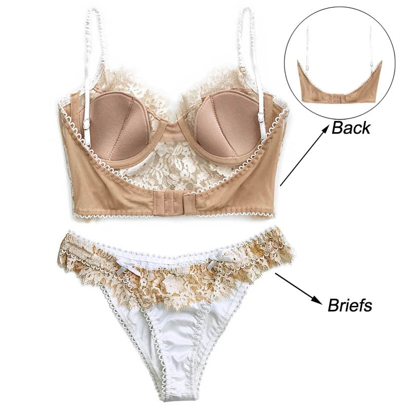 Ultra thin lace lingerie set from The Clothing Company Sydney featuring a bralette, push-up bra, and matching lace panties.
