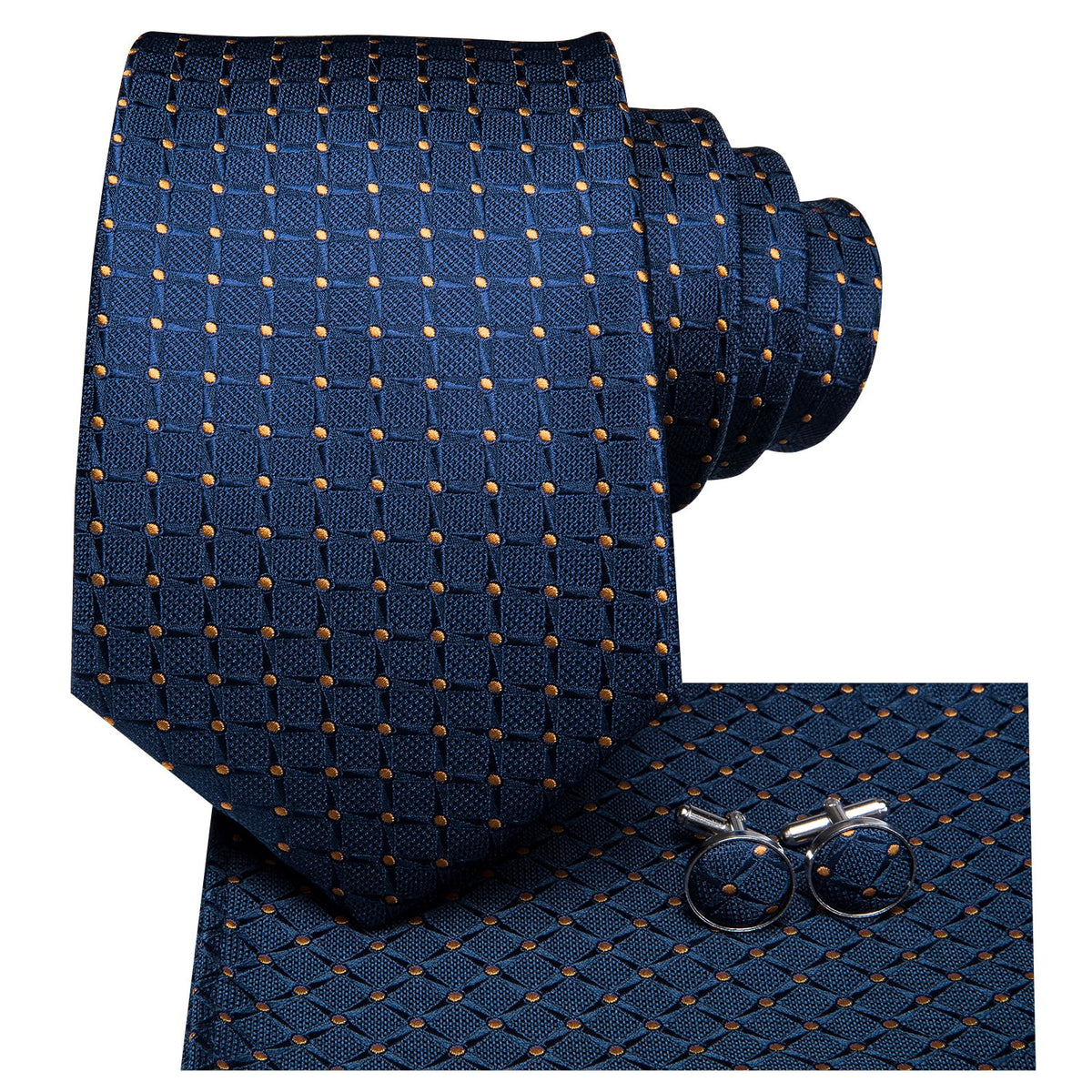 Blue silk business tie with dots, plaid necktie set, and matching cufflinks for men, ideal for weddings and professional attire.