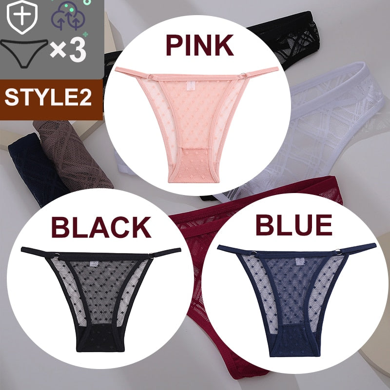 Three-pack floral transparent thong lingerie by The Clothing Company Sydney, low-waist lace and mesh G-string panties.