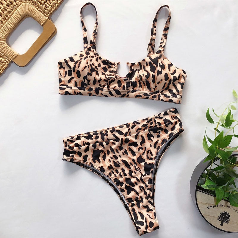 High waist bikini swimsuit by The Clothing Company Sydney featuring a bandeau top and thong Brazilian style swimwear.