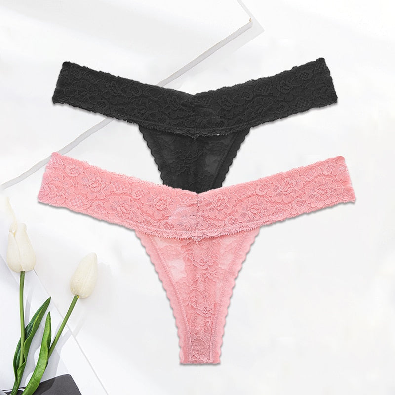 Two lace G-string thong panties with floral design from The Clothing Company Sydney, featuring transparent and delicate lingerie briefs.