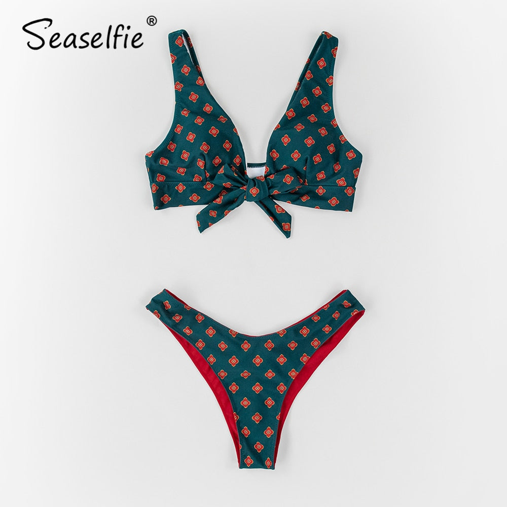Floral V-neck thong bikini set with reversible bottoms by The Clothing Company Sydney, featuring a two-piece swimsuit for beachwear.