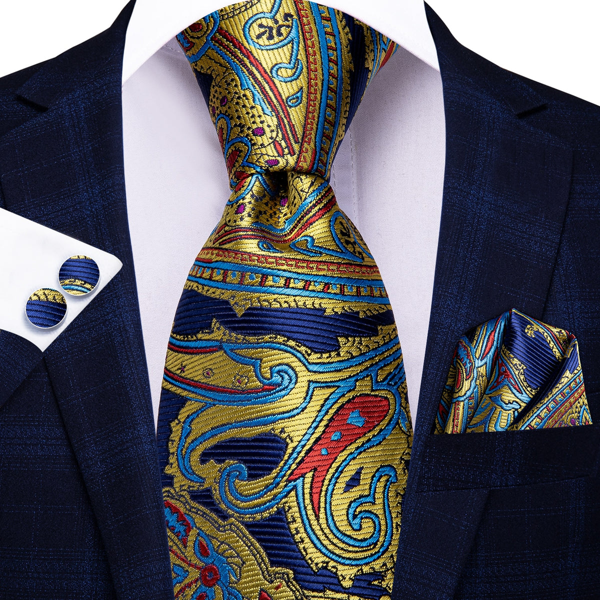Set of accessories including a blue and black striped silk necktie, pocket square, and cufflinks for business and wedding attire.