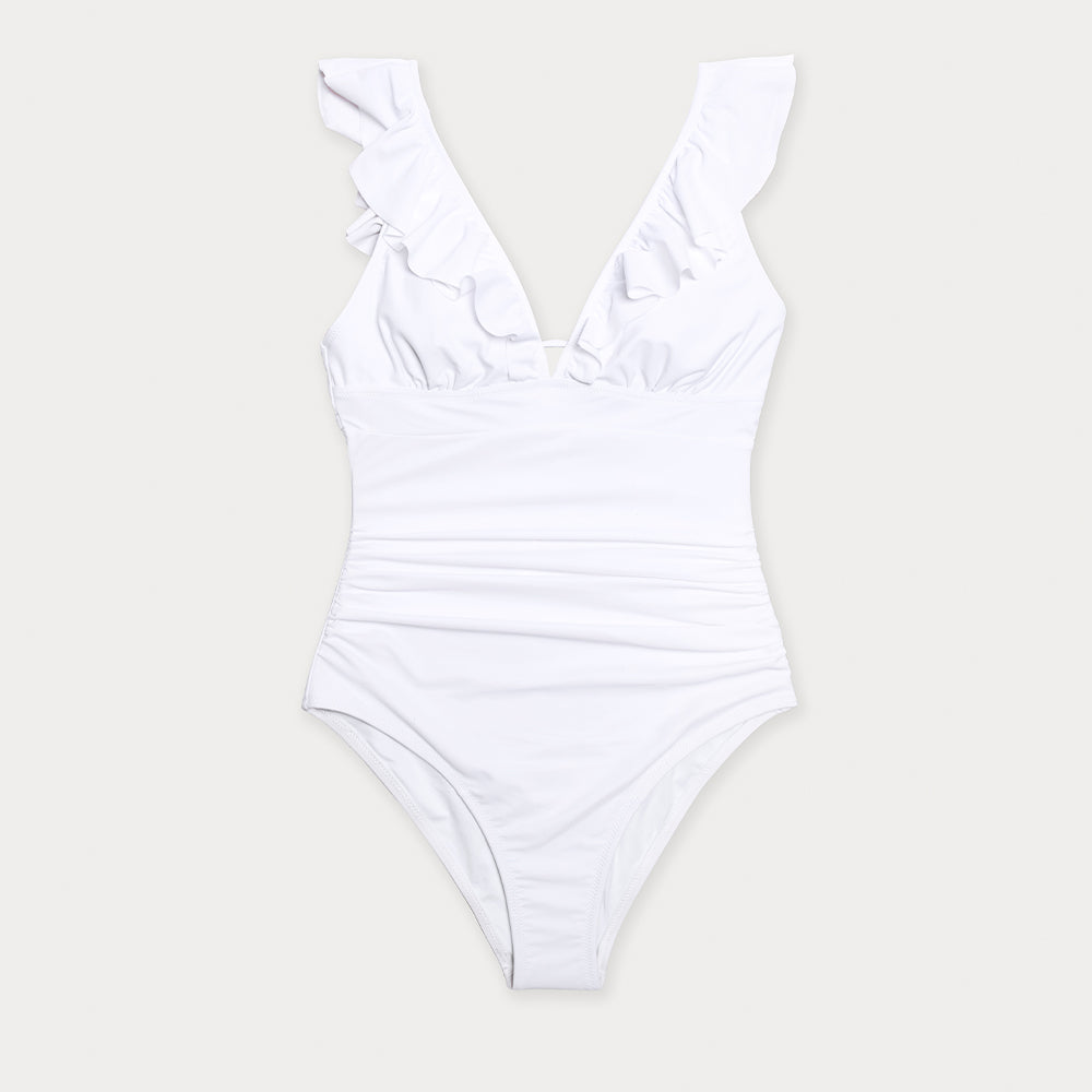 Solid black ruffled one-piece swimsuit with lace-up front, designed by The Clothing Company Sydney, featuring stylish beach swimwear details.