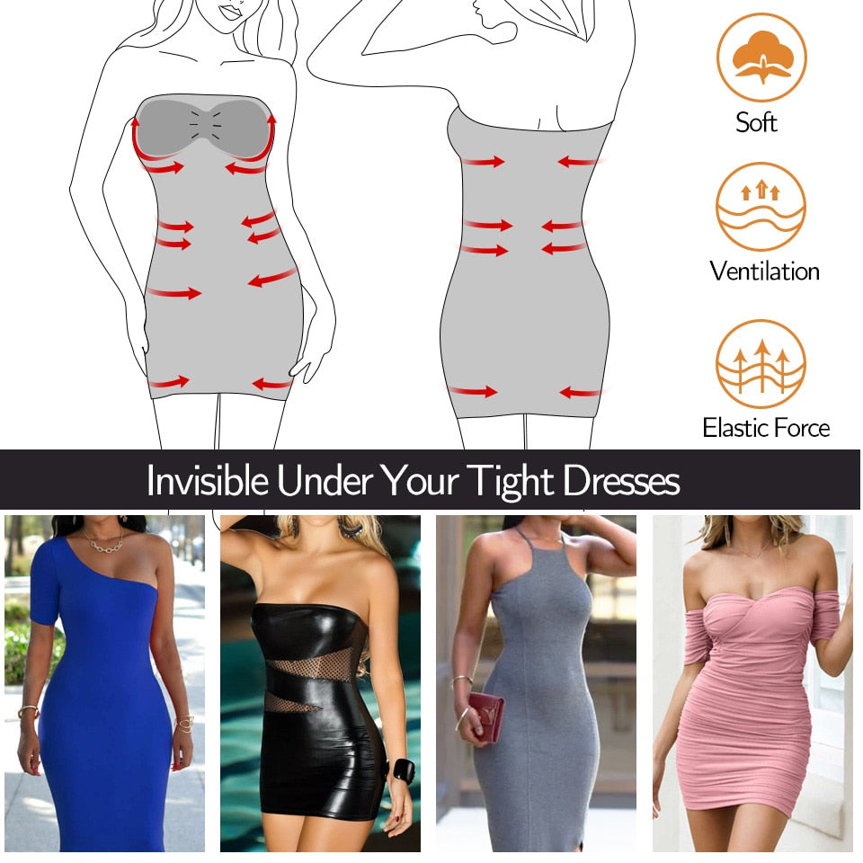 Women’s strapless full shapewear slip by The Clothing Company Sydney, seamless tummy control body shaper for under dresses and skirts.