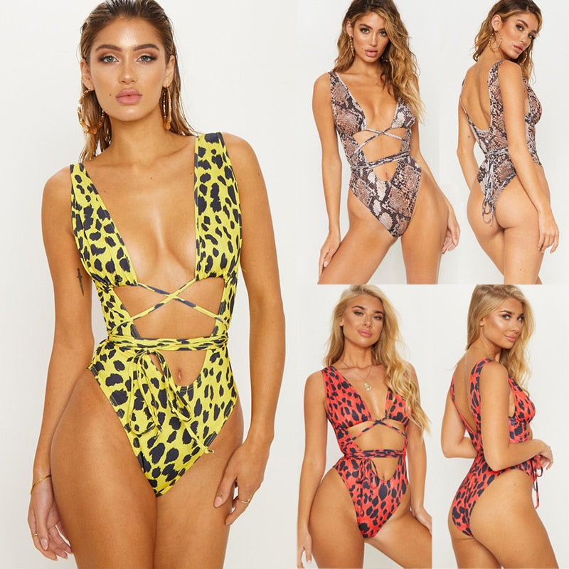 Serpentine leopard print summer one-piece monokini swimsuit with bandage design, push-up padding, and swimwear from The Clothing Company Sydney
