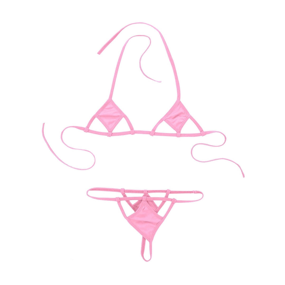 Two-piece micro bikini swimsuit with halter neck top and G-string briefs, featuring self-tie details, from The Clothing Company Sydney.