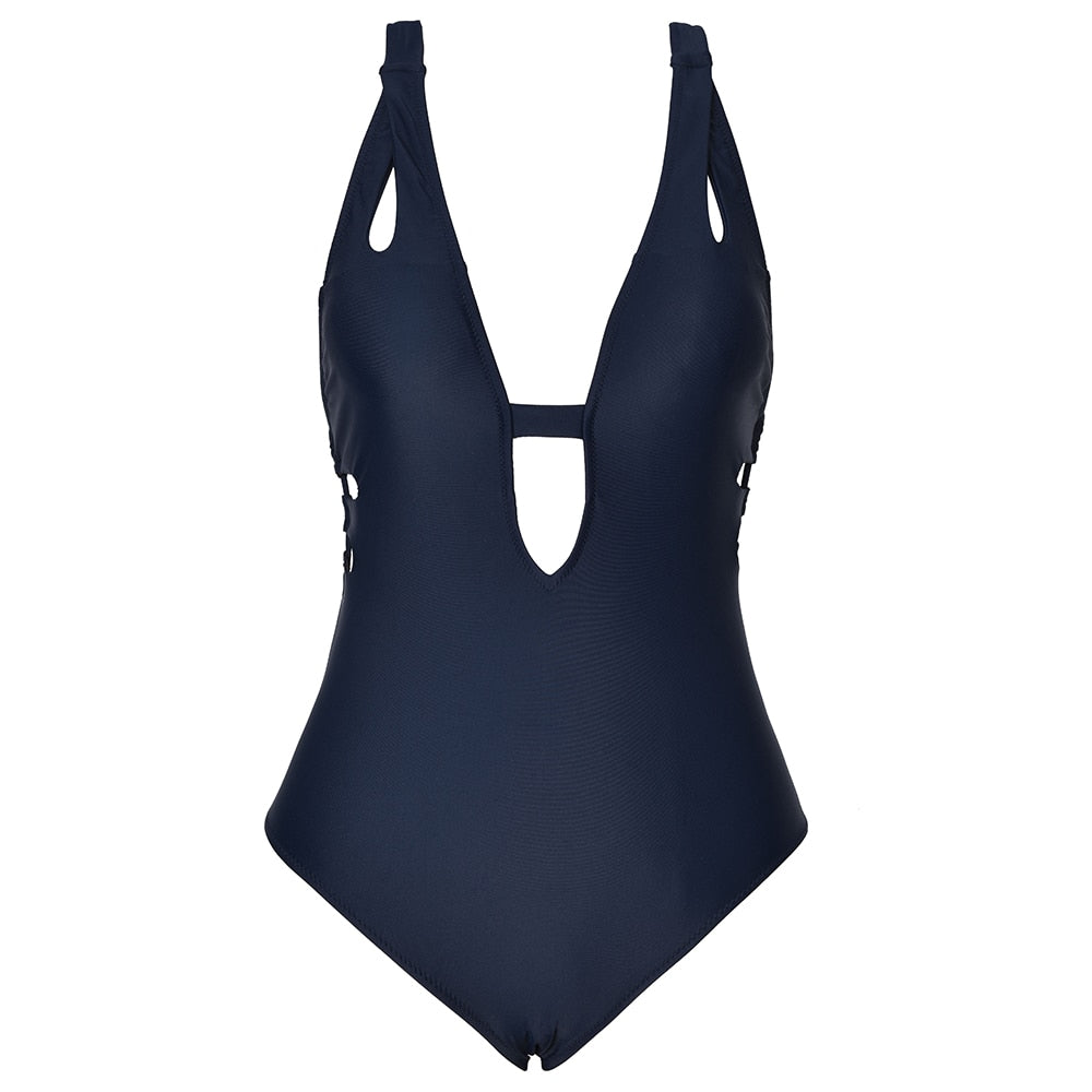 Solid dark blue cross back one-piece swimsuit with deep V-neck and backless design by The Clothing Company Sydney.