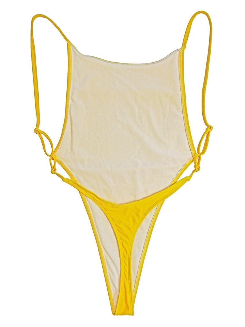Backless high-leg one-piece swimsuit by The Clothing Company Sydney featuring a thong cut and Brazilian style monokini.