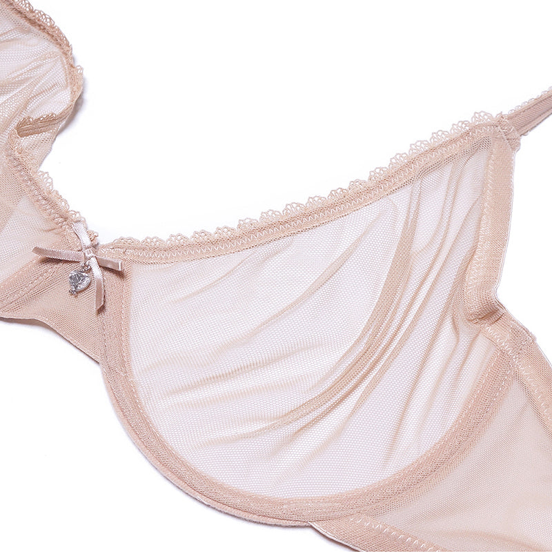 Ultra-thin mesh lace lingerie set with transparent unlined bra and matching panties in plus size, by The Clothing Company Sydney.