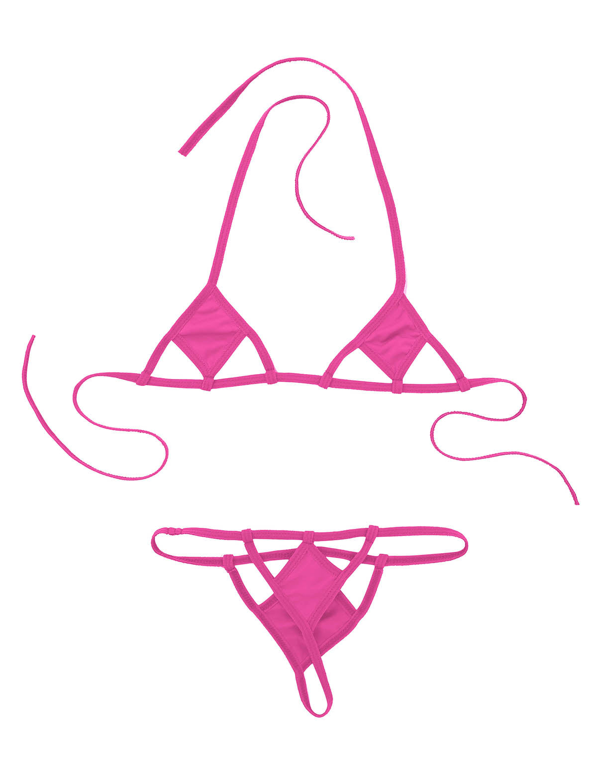 Two-piece micro bikini set with halter neck, self-tie bra top, and G-string briefs, featuring vibrant swimwear design by The Clothing Company Sydney.