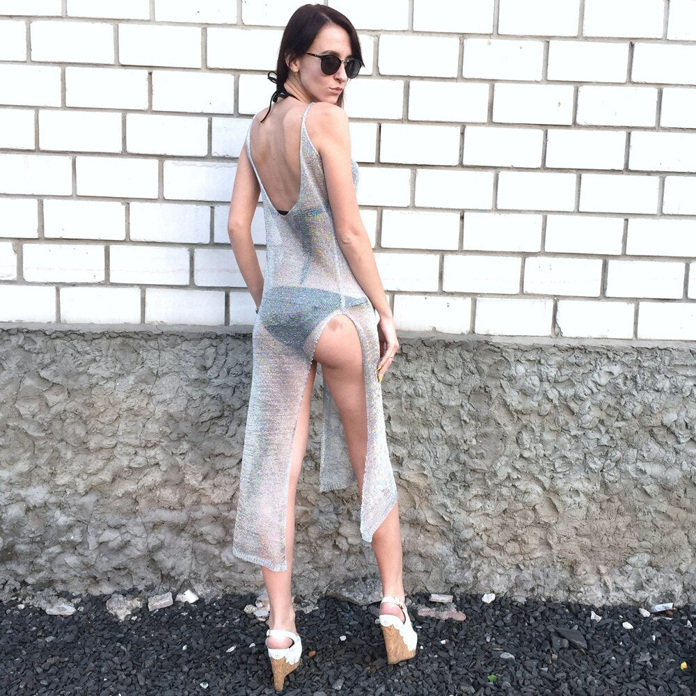 Sheer net mesh glitter knitted beach cover-up dress by The Clothing Company Sydney, featuring long, lightweight, and stylish beachwear.