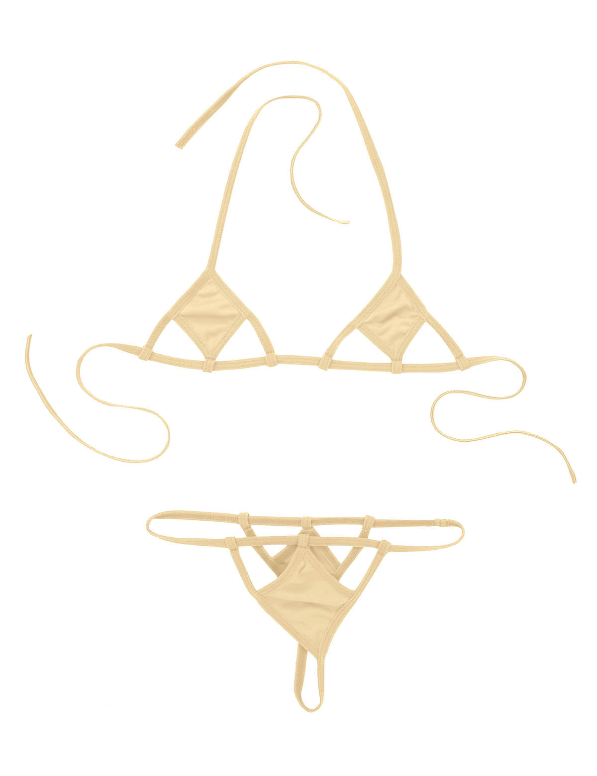 Two-piece monokini swimwear with halter neck and self-tie bra top, G-string briefs, by The Clothing Company Sydney.