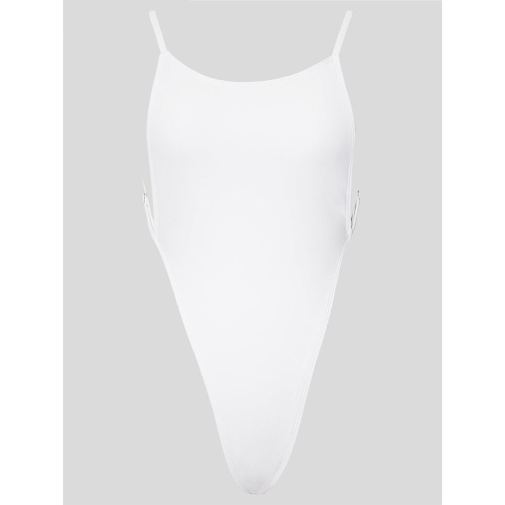 Backless high leg one-piece swimsuit by The Clothing Company Sydney, featuring thong style and Brazilian-inspired design for women.