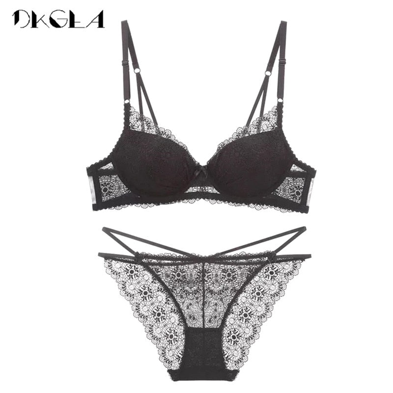 Black cotton lingerie set with lace embroidery, push-up bra and deep V design by The Clothing Company Sydney.