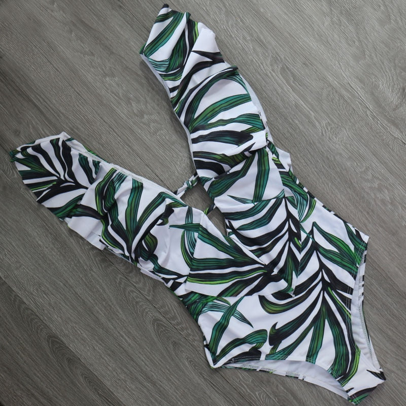 The Clothing Company Sydney one-piece swimsuit with ruffles, push-up style, adjustable shoulder straps, and a monokini design.