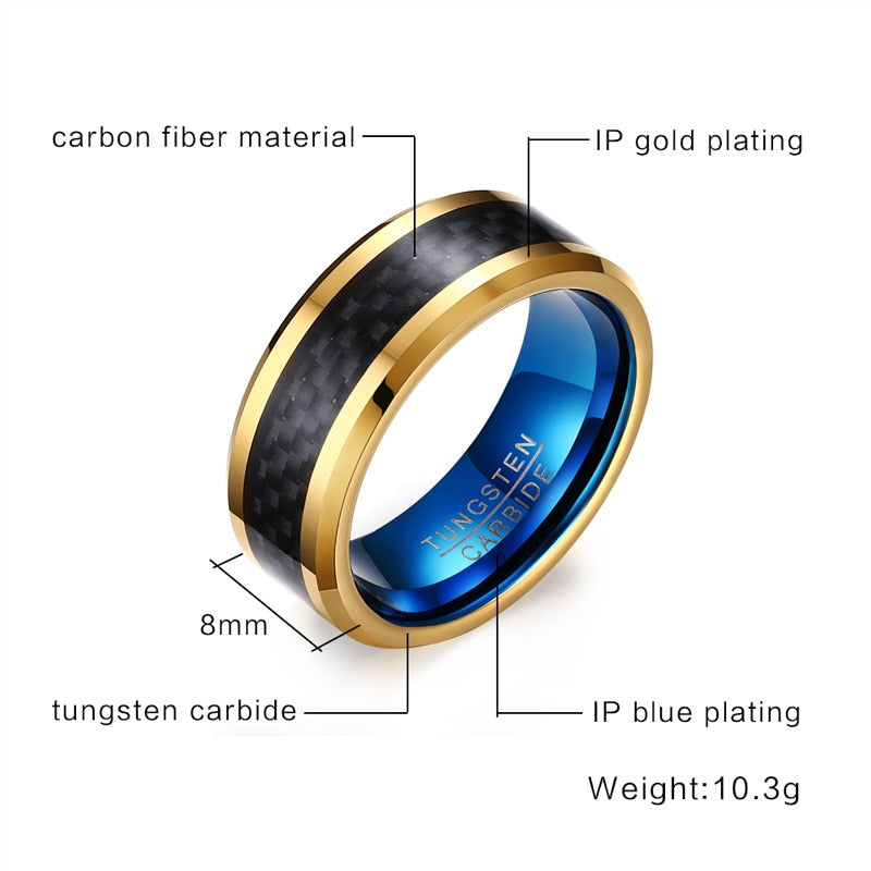 Blue 8mm tungsten carbide ring for men with black carbon fiber finish, scratch-resistant jewelry from The Clothing Company Sydney.