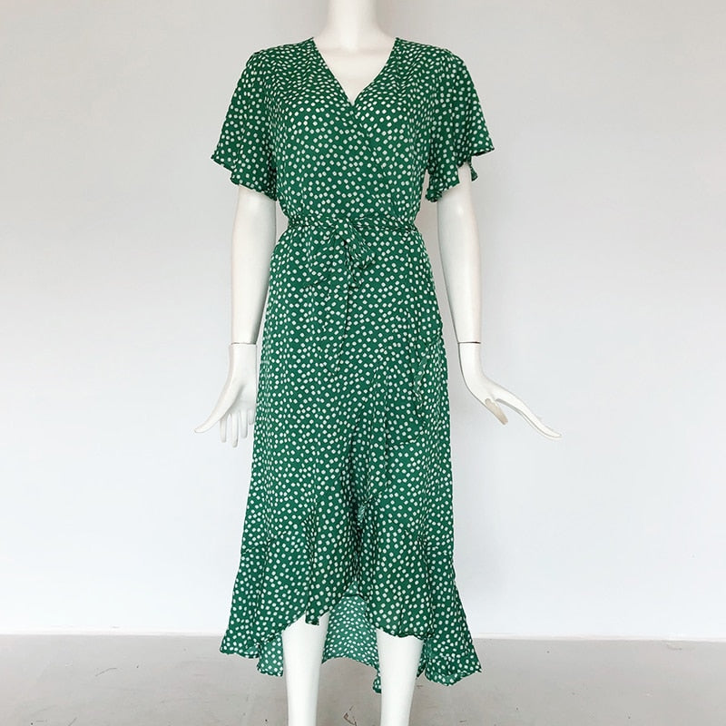 Floral print boho summer beach maxi dress with ruffles, V-neck, wrap style, and split for casual beach or party wear by The Clothing Company Sydney