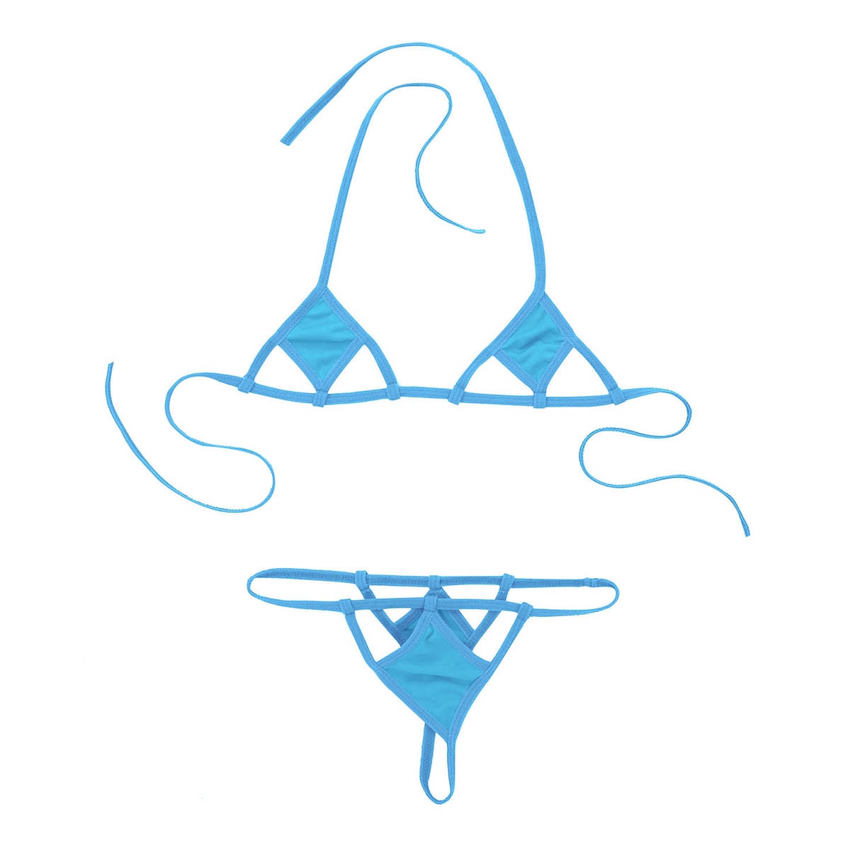 Two-piece micro bikini set with halter neck and self-tie top, G-string briefs, in vibrant swimwear style by The Clothing Company Sydney.