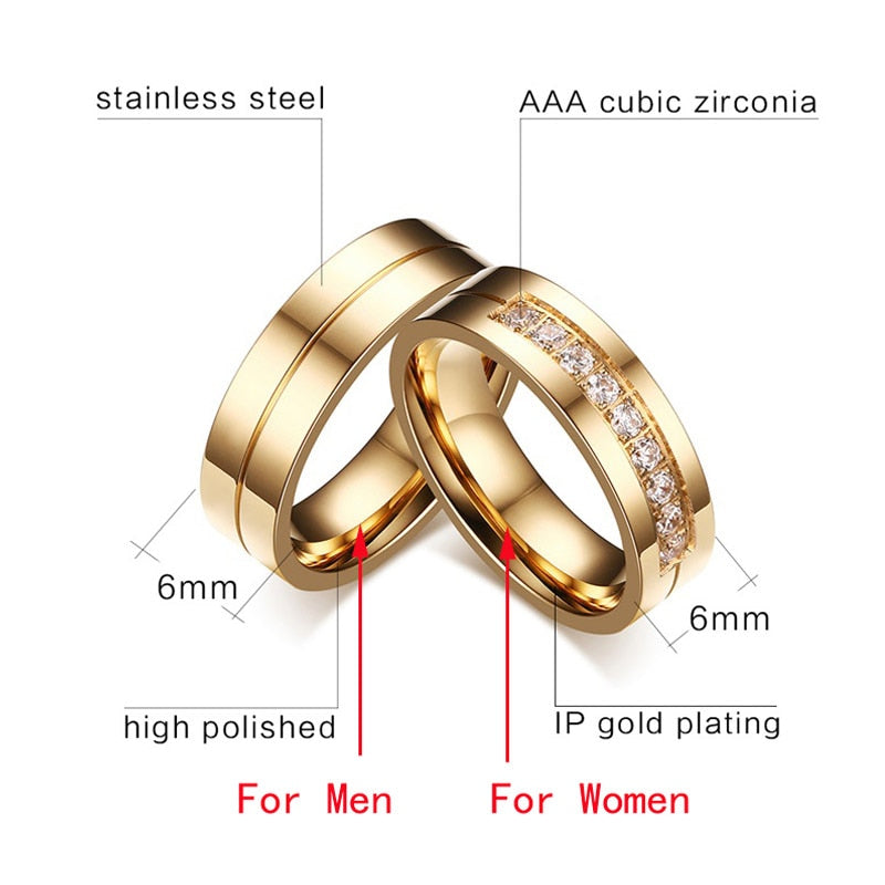 Gold-colored stainless steel wedding band bracelet with CZ stones, designed for couples, by The Clothing Company Sydney