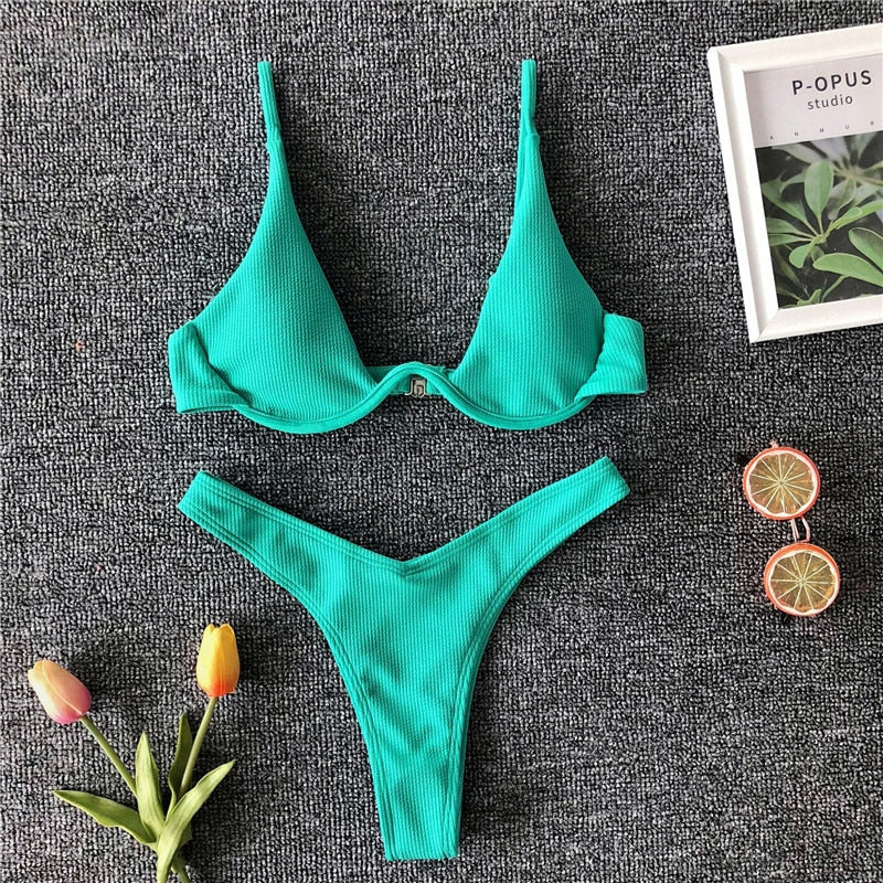Neon V-bar underwired ribbed bikini swimsuit for women with thong style bottoms, push-up design, two-piece swimwear from The Clothing Company Sydney