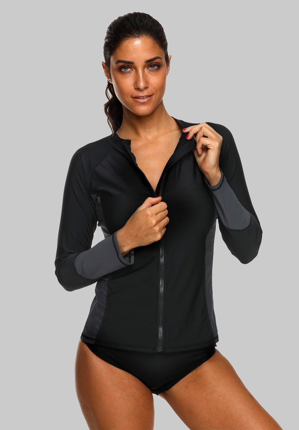 Charmleaks women's long sleeve zipper rashguard swimsuit from The Clothing Company Sydney, featuring UPF50+ sun protection and a sporty design.