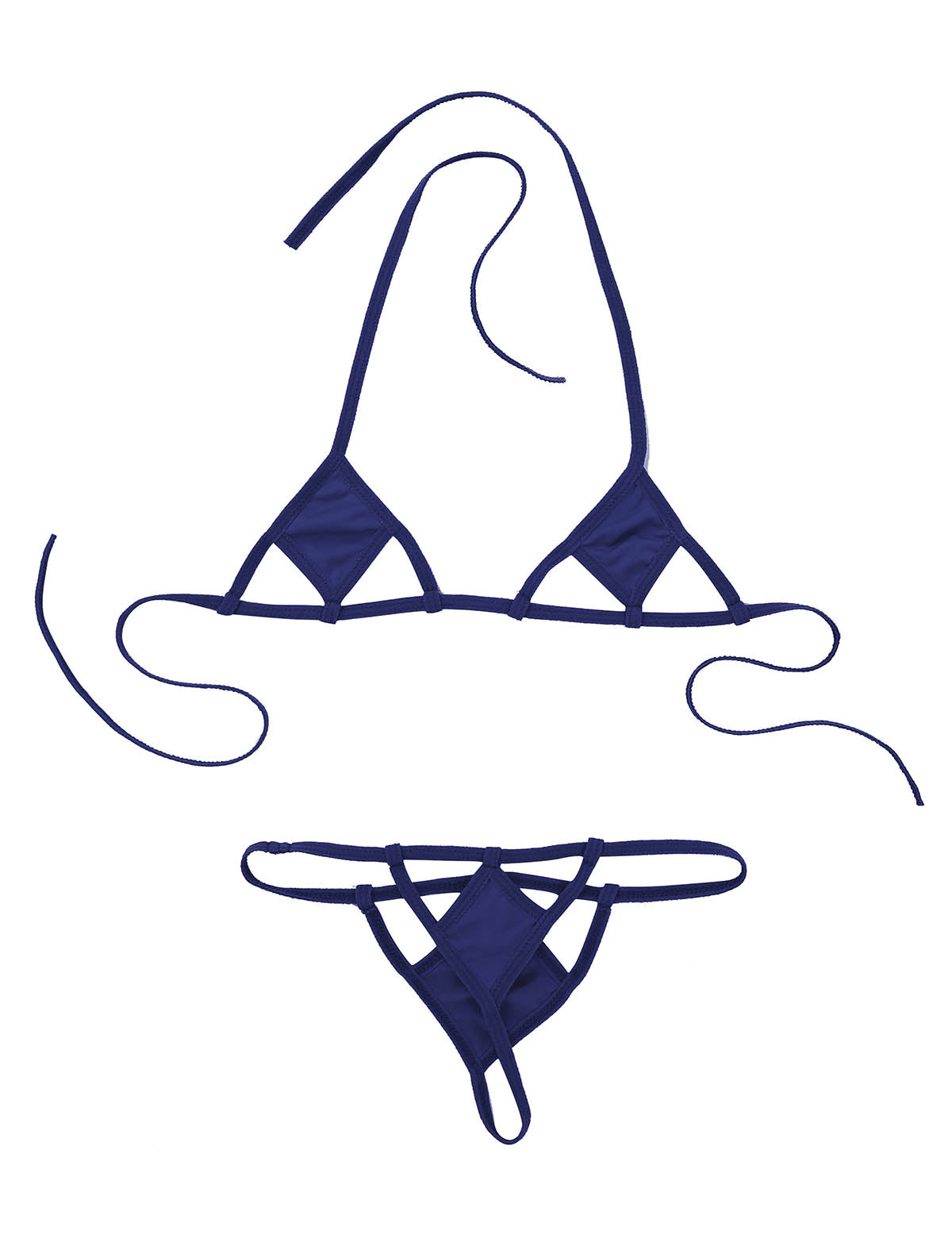 Two-piece micro bikini swimsuit with halter neck and self-tie bra top, G-string briefs, by The Clothing Company Sydney.