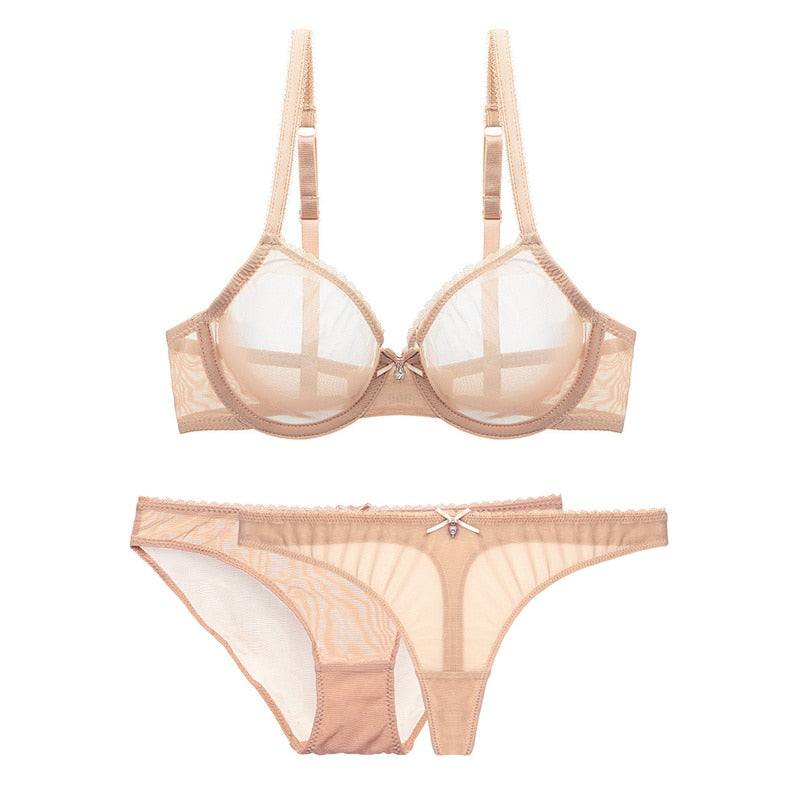 Ultra-thin mesh lace lingerie set with transparent unlined bra and matching panties, plus size options for ladies by The Clothing Company Sydney.