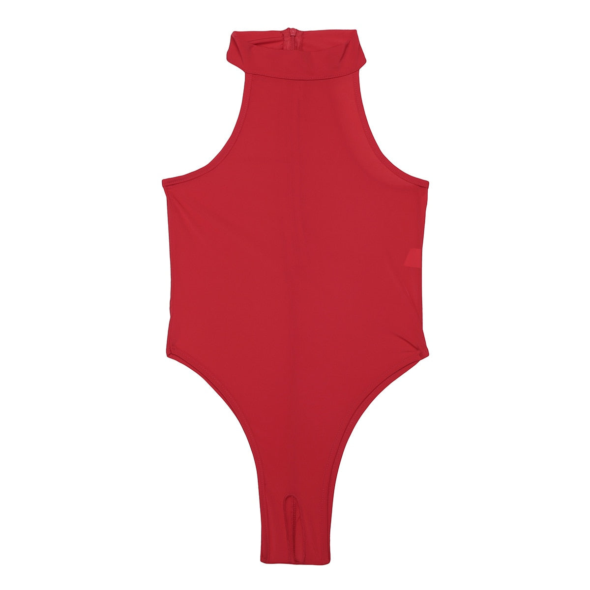 Black mock neck zipper one-piece swimsuit by The Clothing Company Sydney, featuring high cut, sleeveless design and sleek bodysuit style.