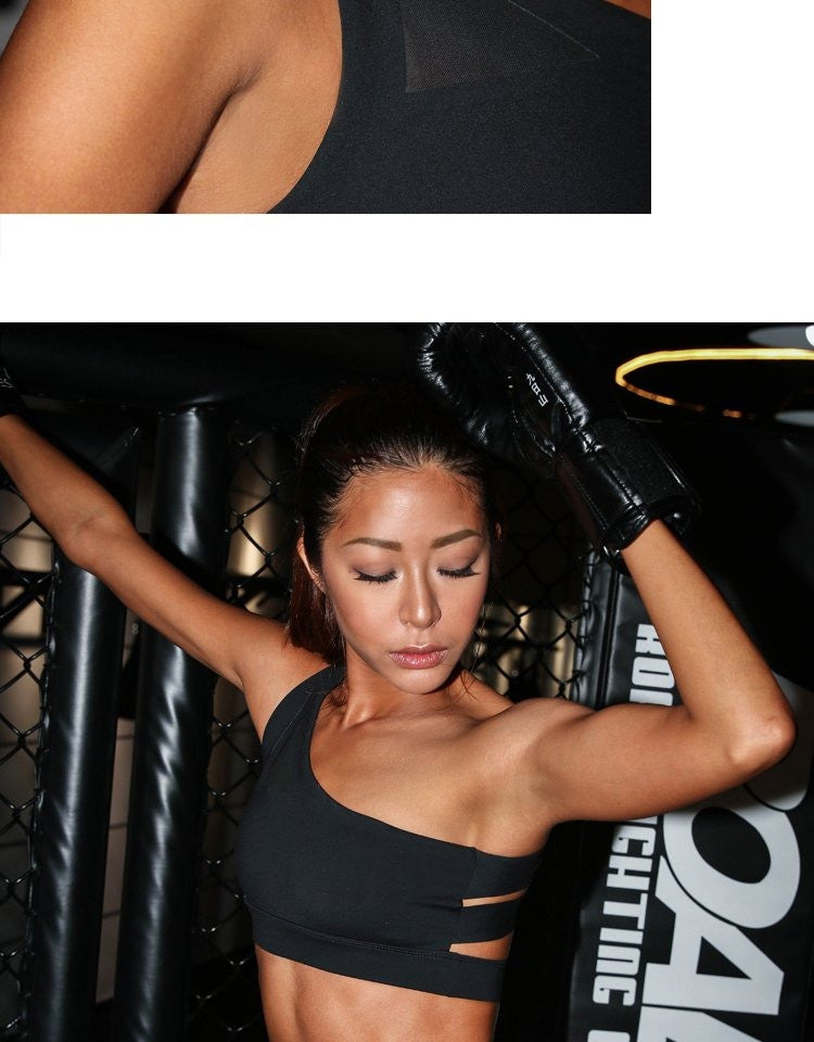 Oblique One Shoulder Strap Ladies Sports Bra Hollow out Back Lines Strenuous Exercise fitness bra Tops The Clothing Company Sydney