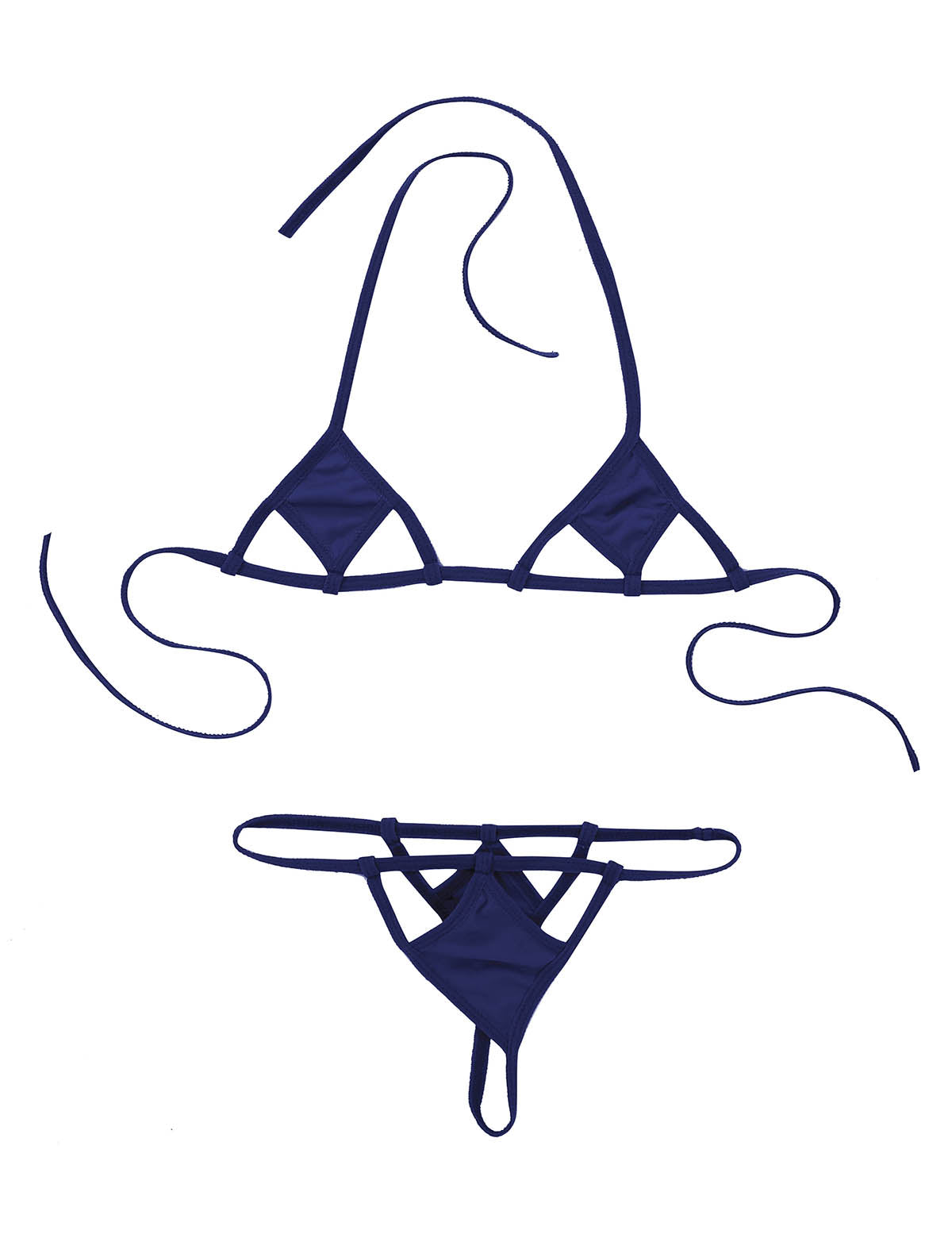 Two-piece micro bikini set with halter neck, self-tie bra top, and G-string briefs, featuring the Clothing Company Sydney swimwear.