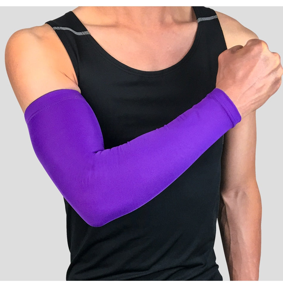 Sports arm compression sleeve from The Clothing Company Sydney, ideal for basketball, cycling, golf, and running with UV protection.