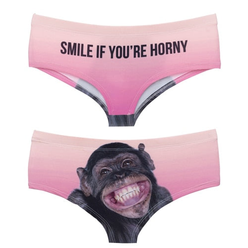 Pink 3D print monkey smile cute briefs underwear from The Clothing Company Sydney, featuring playful and colorful lingerie design.