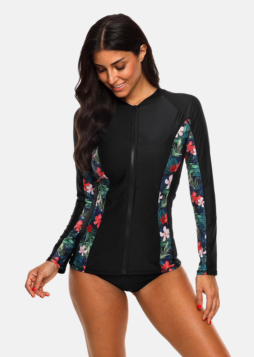 Women's long sleeve floral print rashguard swimsuit by The Clothing Company Sydney, UPF50+ for surfing and running activities.