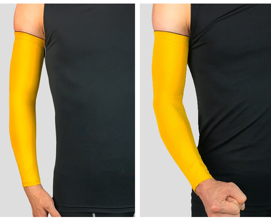 Sports arm compression sleeve by The Clothing Company Sydney, suitable for basketball, cycling, golf, running, and UV protection.
