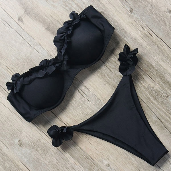 Brazilian leopard print 2-piece bandeau bikini swimwear for women, featuring ruffle details and push-up style from The Clothing Company Sydney.
