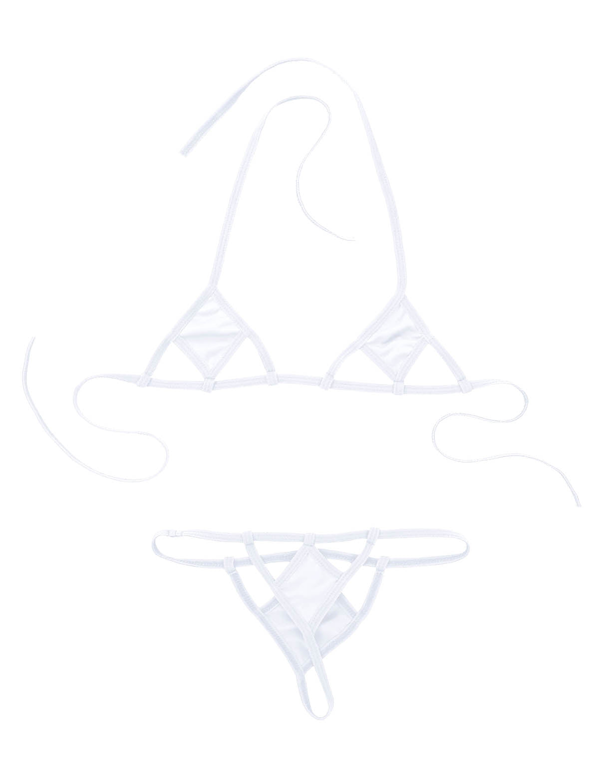 Two-piece micro bikini set with halter neck, self-tie bra top, and G-string briefs, designed for swimming and summer wear.
