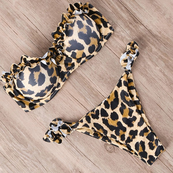 Two-piece leopard print bandeau bikini swimwear for women featuring ruffle details and push-up style from The Clothing Company Sydney.